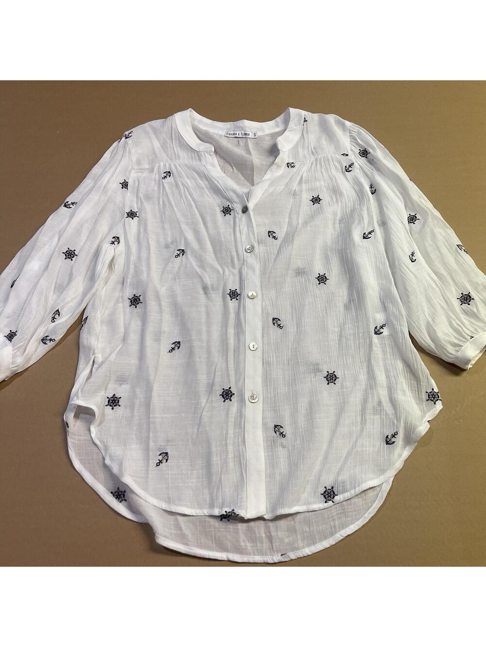 Figueroa & Flower White Nautical Embroidered Peasant Blouse S Coastal Boho